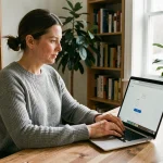 Femme connectée à son webmail académique depuis un ordinateur personnel à son bureau à domicile