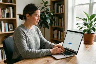 Femme connectée à son webmail académique depuis un ordinateur personnel à son bureau à domicile