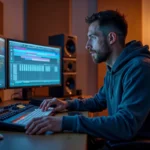 Ingénieur du son utilisant une console PreSonus StudioLive comme surface de contrôle dans un home studio avec interface Virtual StudioLive affichée sur écran