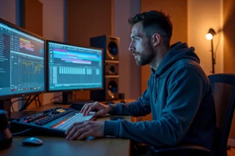 Ingénieur du son utilisant une console PreSonus StudioLive comme surface de contrôle dans un home studio avec interface Virtual StudioLive affichée sur écran