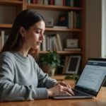 Jeune femme utilisant un correcteur orthographique en ligne sur son ordinateur portable dans un bureau à domicile
