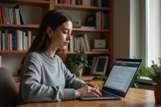 Jeune femme utilisant un correcteur orthographique en ligne sur son ordinateur portable dans un bureau à domicile