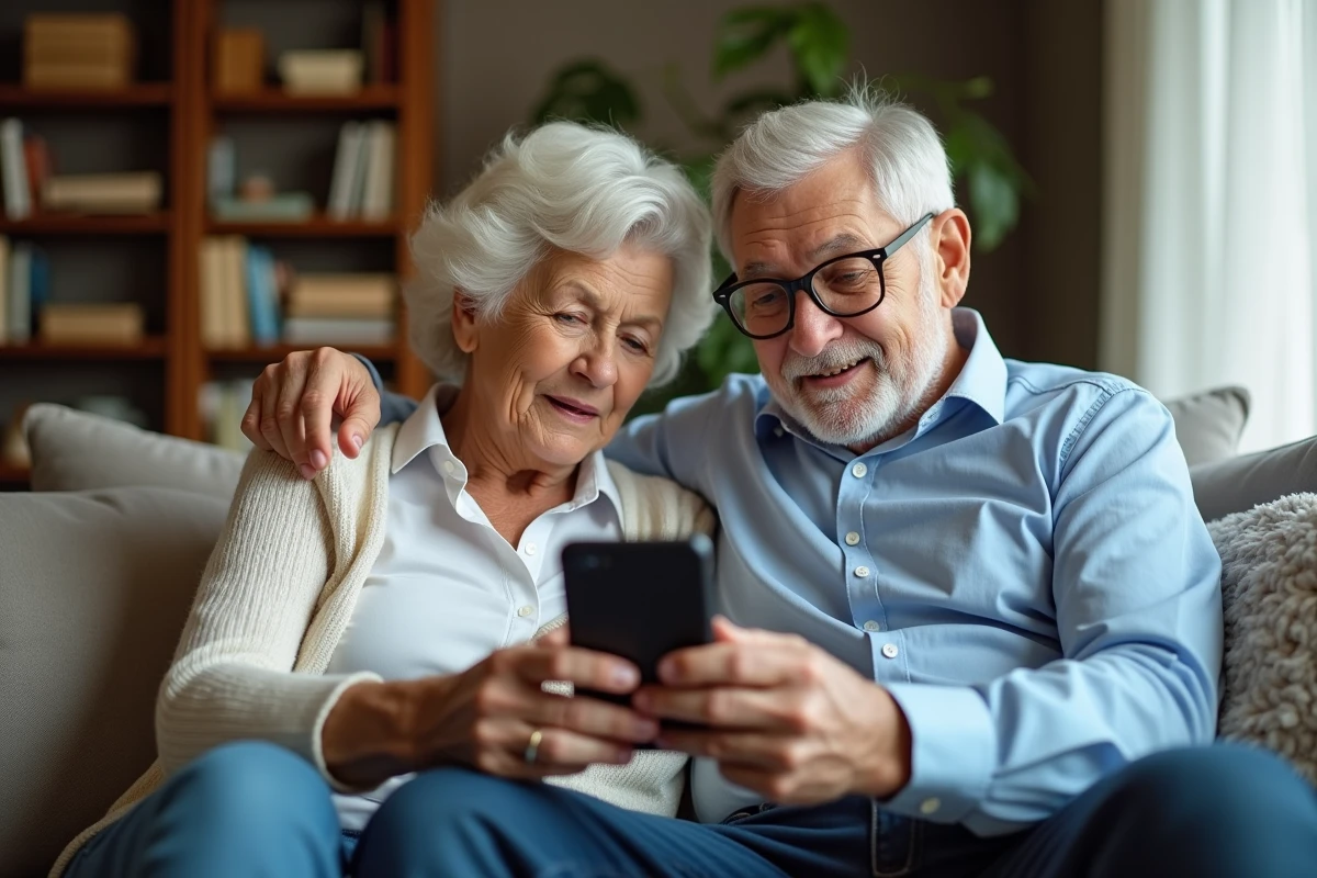 Un couple de seniors découvrant ensemble une application sur un smartphone Samsung Galaxy dans leur salon