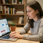 Femme utilisant Microsoft Word pour créer des étiquettes en effet miroir sur un ordinateur portable dans un bureau à domicile