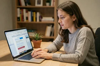Femme utilisant Microsoft Word pour créer des étiquettes en effet miroir sur un ordinateur portable dans un bureau à domicile