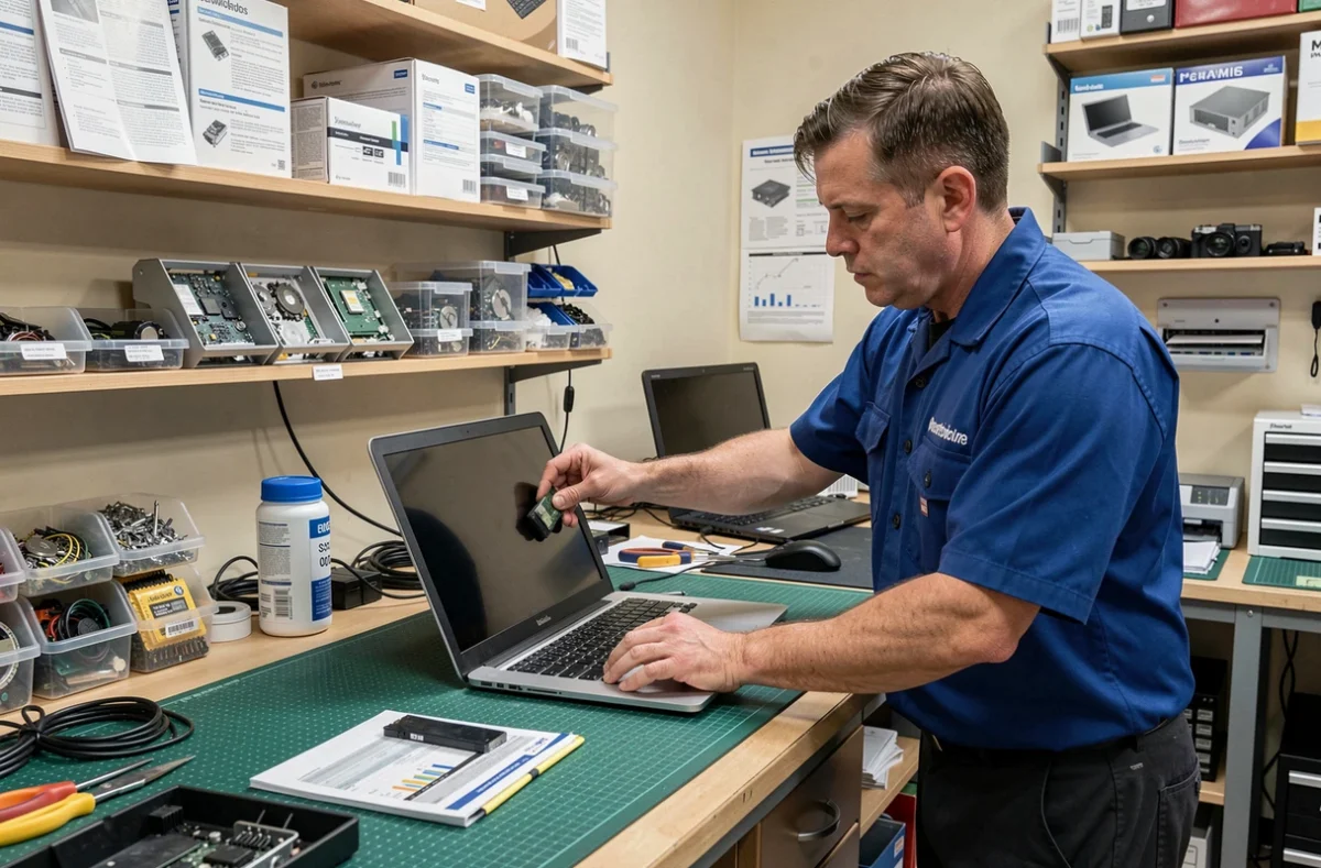 Technicien DBLI Informatique remplaçant un écran d'ordinateur portable dans un atelier organisé