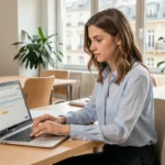 Jeune femme découvrant l'interface webmail de l'académie de Toulouse sur son ordinateur portable dans un bureau universitaire