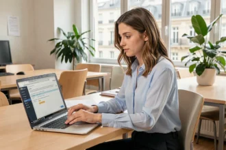 Jeune femme découvrant l'interface webmail de l'académie de Toulouse sur son ordinateur portable dans un bureau universitaire