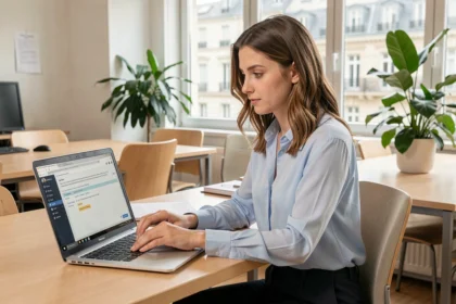 Jeune femme découvrant l'interface webmail de l'académie de Toulouse sur son ordinateur portable dans un bureau universitaire