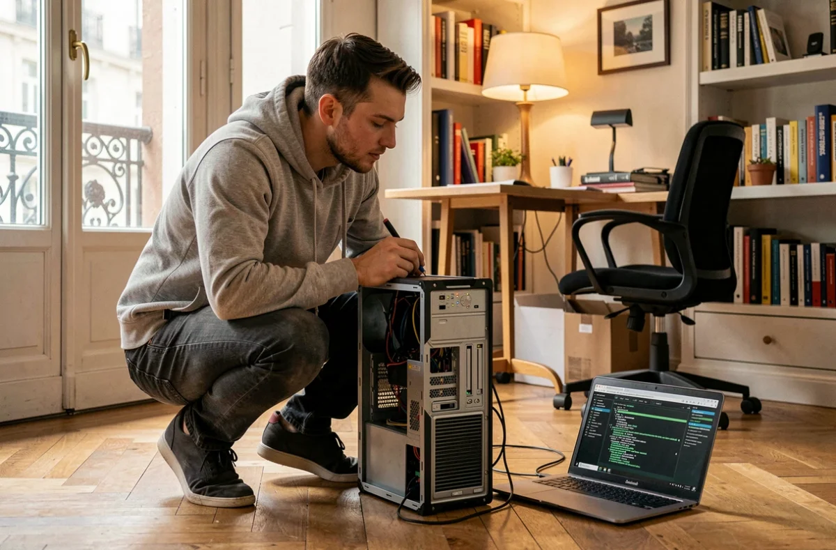 Technicien Depan PC en intervention à domicile réparant un ordinateur fixe dans un appartement parisien