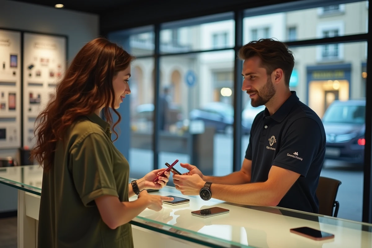 Cliente déposant son smartphone cassé auprès d'un réparateur téléphone professionnel dans une boutique du centre-ville de Montpellier