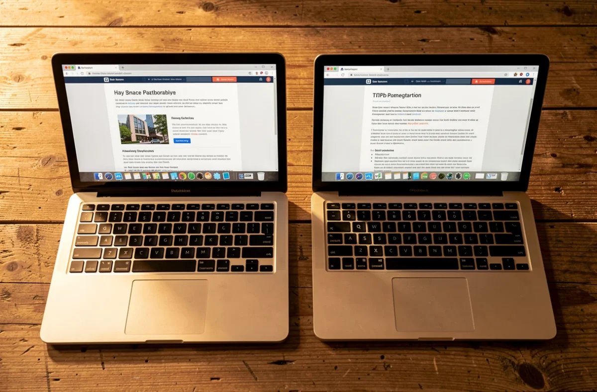 Deux ordinateurs portables ouverts sur des documents différents