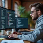 Développeur web testant une interface d'email jetable comme Yopmail sur un grand écran incurvé dans un bureau moderne