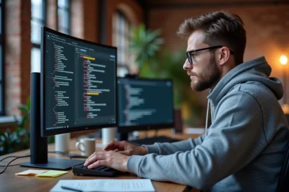 Développeur web testant une interface d'email jetable comme Yopmail sur un grand écran incurvé dans un bureau moderne