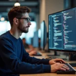Développeur web masculin concentré écrivant du code HTML pour un formulaire sur un écran ultrawide dans un bureau moderne