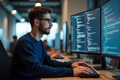 Développeur web masculin concentré écrivant du code HTML pour un formulaire sur un écran ultrawide dans un bureau moderne