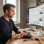 Développeur web masculin travaillant sur l'interface WordPress depuis un bureau à domicile moderne avec grand écran ultrawide