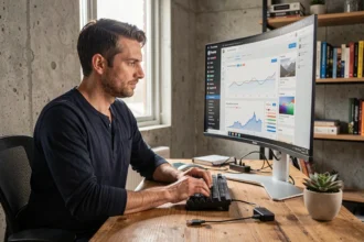 Développeur web masculin travaillant sur l'interface WordPress depuis un bureau à domicile moderne avec grand écran ultrawide