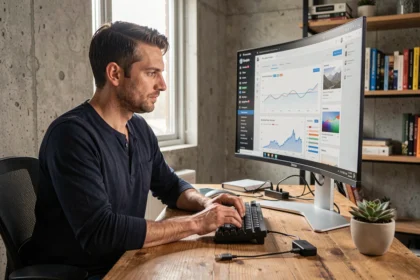 Développeur web masculin travaillant sur l'interface WordPress depuis un bureau à domicile moderne avec grand écran ultrawide