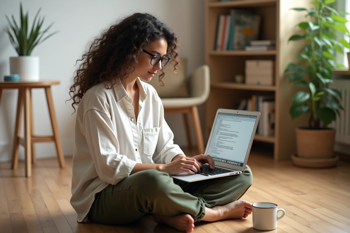 Développeuse web travaillant sur un formulaire HTML dans un espace de travail minimaliste à domicile avec un laptop