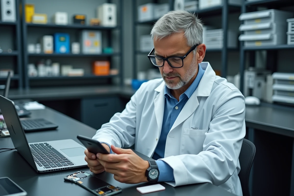 Technicien expérimenté effectuant un diagnostic logiciel sur un smartphone démonté dans un laboratoire de réparation téléphone professionnel à Montpellier