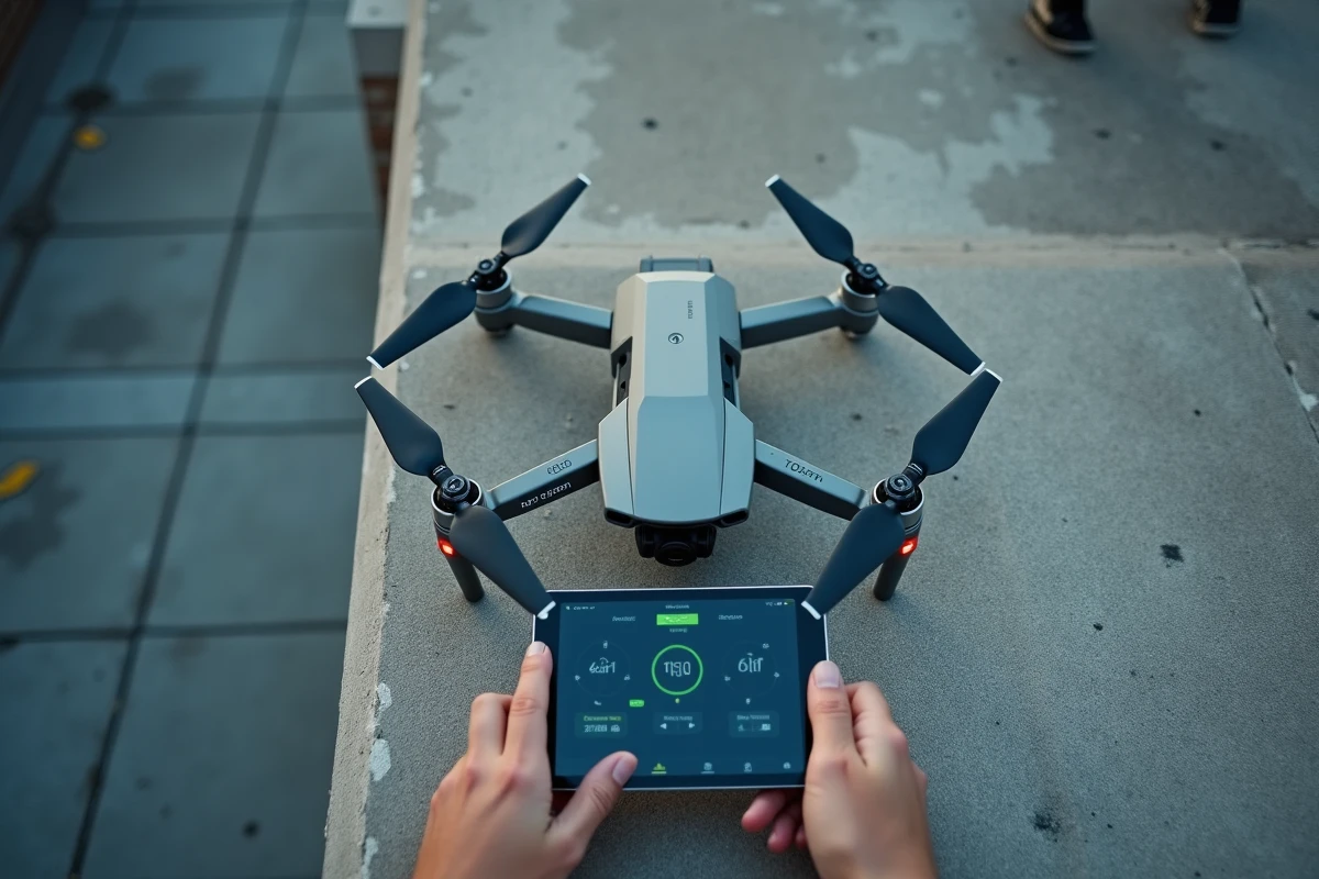 Gros plan d'un drone posé sur un toit en béton avec réglage du gimbal et interface de planification de vol sur tablette