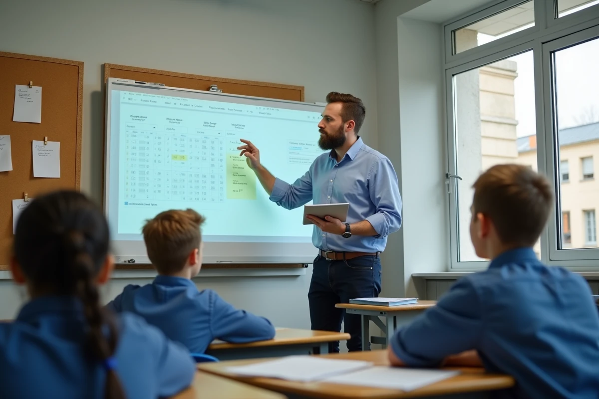 Enseignant présentant un outil numérique de suivi scolaire à ses élèves dans une salle de classe