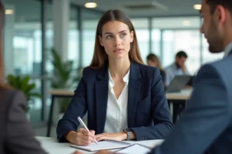 Jeune femme en entretien professionnel pour une alternance TSRS dans un bureau moderne