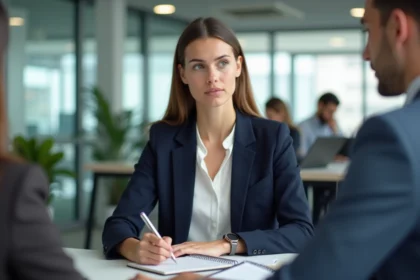 Jeune femme en entretien professionnel pour une alternance TSRS dans un bureau moderne