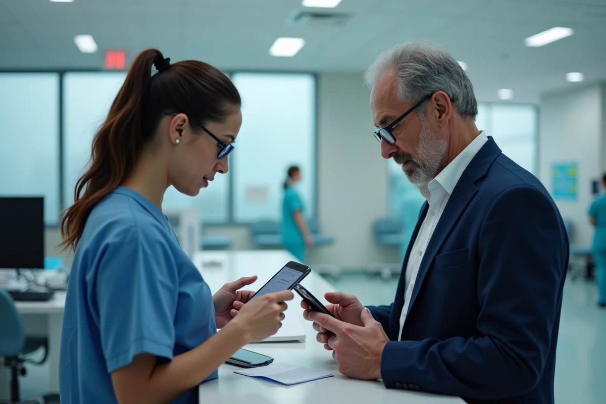 Deux professionnels du CHU de Reims consultant ensemble les paramètres de configuration de la messagerie Zimbra sur un smartphone au poste infirmier