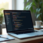 Espace de travail moderne avec écran code API et plante verte