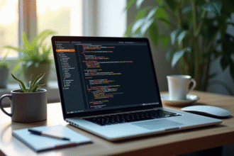Espace de travail moderne avec écran code API et plante verte