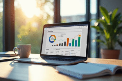 Espace de travail moderne avec un ordinateur affichant des analyses SEO