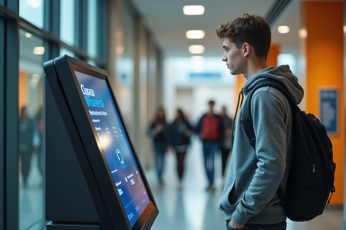 Étudiant utilisant une borne numérique de services universitaires dans un couloir de campus