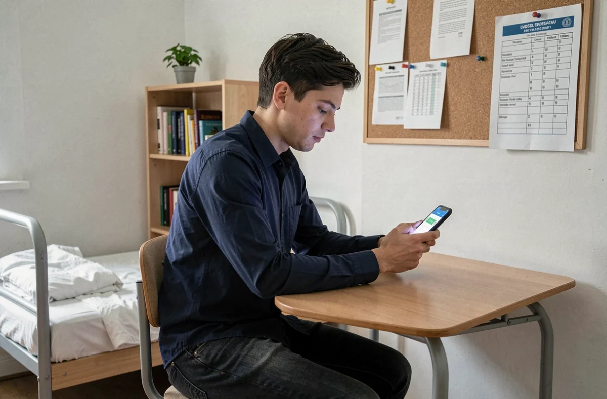 Étudiant vérifiant ses notes et résultats d'examens sur l'application mobile eservice UHA dans sa chambre universitaire