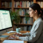 Étudiante d'AgroParisTech organisant sa boîte mail Zimbra sur un ordinateur de bureau dans un bureau universitaire