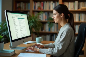 Étudiante d'AgroParisTech organisant sa boîte mail Zimbra sur un ordinateur de bureau dans un bureau universitaire