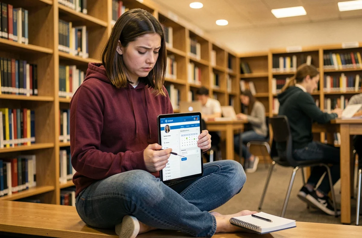 Étudiante consultant son ENT et sa messagerie Zimbra sur une tablette dans une bibliothèque universitaire