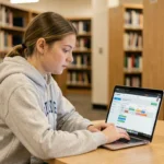 Étudiante consultant son emploi du temps sur le portail eservice UHA dans une bibliothèque universitaire moderne