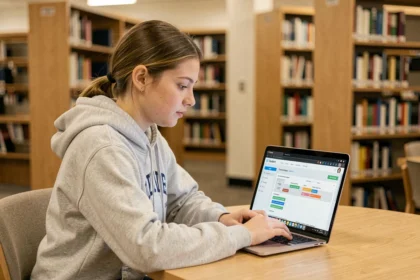 Étudiante consultant son emploi du temps sur le portail eservice UHA dans une bibliothèque universitaire moderne