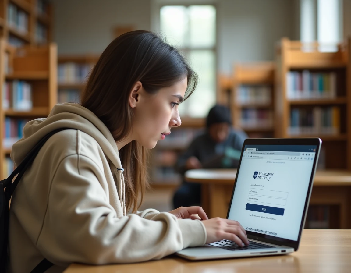 Étudiante connectée à sa messagerie institutionnelle depuis un ordinateur portable dans une bibliothèque universitaire