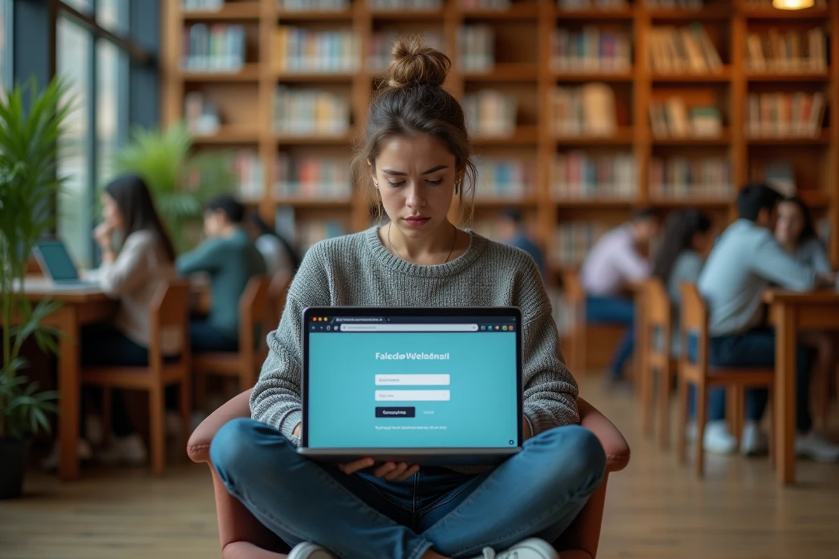 Étudiante universitaire face à un problème de connexion sur son webmail académique en bibliothèque