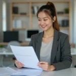 Étudiante consultant des documents de stage dans un bureau universitaire moderne