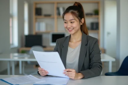 Étudiante consultant des documents de stage dans un bureau universitaire moderne