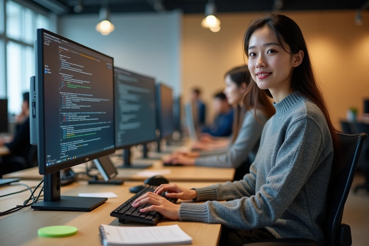 Étudiante en alternance TSRS travaillant sur la configuration réseau dans un espace de travail partagé