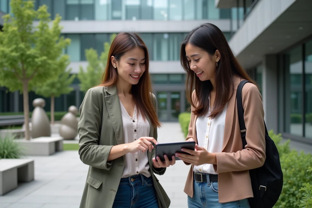 Deux étudiantes discutant devant un bâtiment universitaire moderne