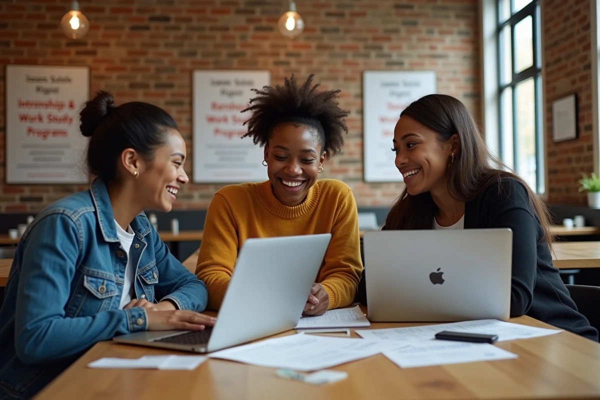Groupe d'étudiants collaborant sur des offres de jobs et d'alternance dans un espace carrières universitaire