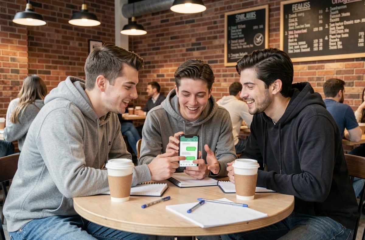 Groupe d'étudiants utilisant ChatGPT via WhatsApp pour brainstormer ensemble autour d'une table dans un café urbain