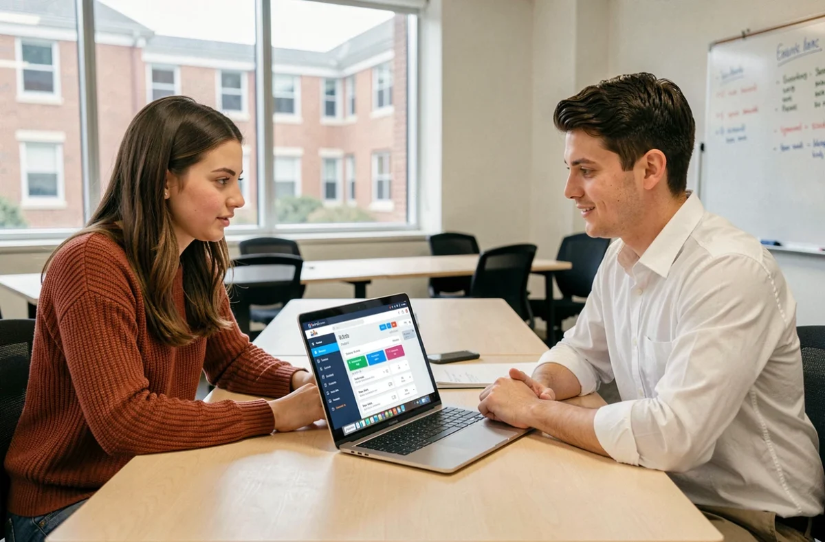 Deux étudiants consultant ensemble le portail centralisé eservice UHA sur un ordinateur portable dans un espace commun universitaire