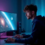 Joueur configurant les paramètres d'affichage 21/9 sur un écran ultrawide pour Eve Online 2 dans un bureau gaming moderne